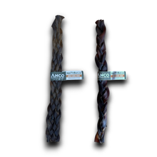 Load image into Gallery viewer, Two braided dog chew treats on a white background, each wrapped with an ANCO Naturals label. One treat is dark brown and the other is very dark, almost black, with subtle reddish-brown highlights.
