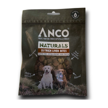 Load image into Gallery viewer, A bag of Anco Naturals Ostrich Liver Bites dog treats, featuring a dark olive-green package with images of two dogs and product details printed on the front.
