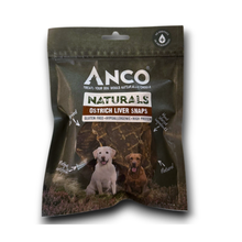 Load image into Gallery viewer, A package of Anco Naturals Ostrich Liver Snaps dog treats, featuring a dark olive-green resealable pouch with images of two dogs on the front.

