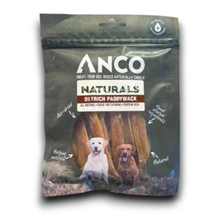 Load image into Gallery viewer, A package of ANCO Naturals Ostreich Paddywack dog treats, featuring a resealable pouch with a graphic of two dogs sitting in front of a forest on a white background.
