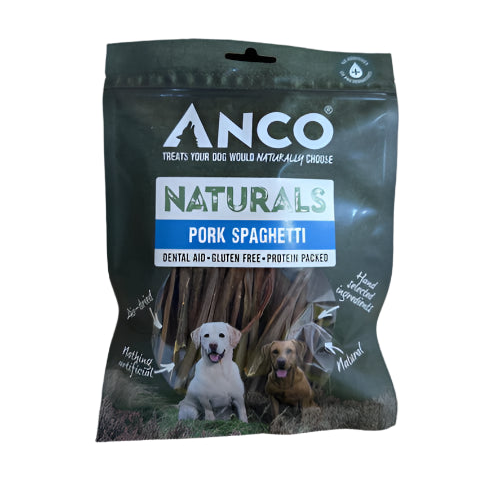 Anco Naturals Pork Spaghetti dog treat package on a white background