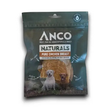 Load image into Gallery viewer, A package of ANCO Naturals Pure Chicken Breast dog treats, featuring a dark green bag with a clear window showing the golden-brown treats inside, and pictures of a white Labrador and a brown dog.
