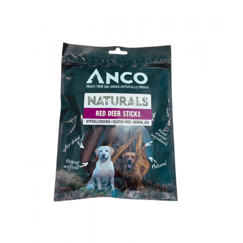 Anco Naturals Red Deer Sticks packaging with two dogs on a white background