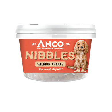 Anco Nibbles Salmon Treats container on a white background