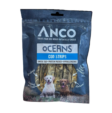 Anco Oceans Cod Strips packaging with two dogs on a blue background