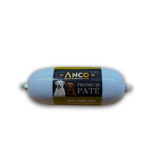 Load image into Gallery viewer, A light blue cylindrical sausage casing with a black and gold label reading 'ANCO PREMIUM PATÉ' and '100% PURE GOAT', shown on a white background.
