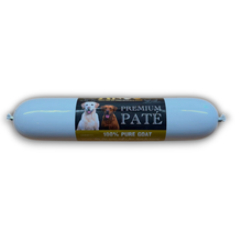 Load image into Gallery viewer, A light blue sausage-shaped dog treat labeled 'PREMIUM PATE 100% PURE GOAT' with photos of two dogs on the front label, shown on a white background.
