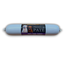 Load image into Gallery viewer, A light blue cylindrical sausage casing tied at both ends, featuring a central label that reads 'PREMIUM PATE' with photos of two dogs and the text '100% PURE TURKEY'.
