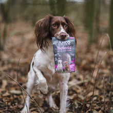 Load image into Gallery viewer, Dog holding a bag of Anco Selects dog food in a forest setting
