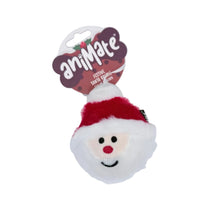 Load image into Gallery viewer, A small plush Santa Claus head toy attached to a branded hang card. The toy has a white fluffy body, red hat, black embroidered eyes and mouth, and a red nose, photographed on a plain white background.
