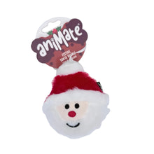 Load image into Gallery viewer, A small plush Santa Claus face toy attached to a branded hang card. The toy has white faux fur, a red hat, black embroidered eyes and mouth, and a red nose, photographed on a plain white background.
