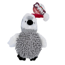 Load image into Gallery viewer, A gray and white penguin plush toy with a red Santa hat, featuring a textured, looped body and black feet, shown with its retail tag on a white background.
