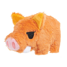 Load image into Gallery viewer, A small orange plush boar toy with yellow ears, a pink snout, white tusks, and a black embroidered eye, photographed on a plain white background.
