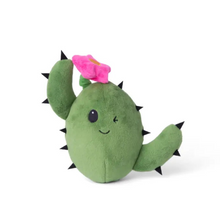 Load image into Gallery viewer, A green plush cactus toy with black spines, a winking face, and a bright pink flower on top, photographed on a clean white background.
