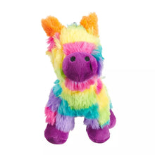 Load image into Gallery viewer, A plush llama toy with a vibrant rainbow color scheme, featuring a purple snout and hooves, orange ears, and fluffy multicolored fur on a plain white background.
