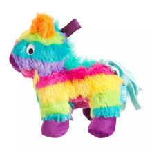 Load image into Gallery viewer, A colorful plush pony toy with rainbow stripes in orange, yellow, green, blue, purple, and pink, featuring a small light blue tail and a visible Bark brand tag.
