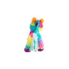 Load image into Gallery viewer, A small plush toy shaped like a llama or alpaca, covered in rainbow-colored faux fur with a light blue ribbon tied around its neck, shown on a plain white background.
