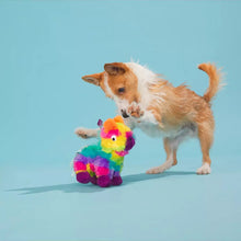 Load image into Gallery viewer, A small tan and white dog stands on a light blue studio background, playfully interacting with a colorful plush llama toy. The llama toy is rainbow-striped with purple, pink, orange, yellow, green, and blue sections.
