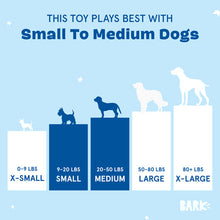 Load image into Gallery viewer, Chart showing toy size recommendations for dogs with blue bars and white dog illustrations on a light blue background.
