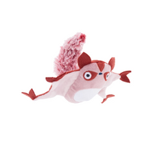Load image into Gallery viewer, A plush dog toy shaped like a flying squirrel, featuring a pink body, reddish-brown head and limbs, and a fluffy pink tail, isolated on a white background.
