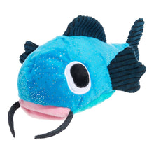Load image into Gallery viewer, A blue and teal plush fish toy with dark navy ribbed fins, a large black-and-white eye, and a pink mouth, shown on a plain white background.
