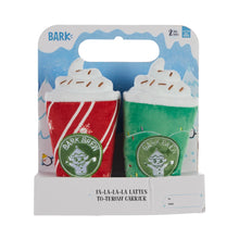 Load image into Gallery viewer, Bark brand 'Fa-La-La-La' throw carrier set containing two plush hot cocoa cups, one red and one green, in their original retail packaging.
