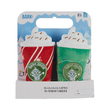 Load image into Gallery viewer, Bark brand 'Fa-La-La-Latte' to-throw carrier set, featuring two plush coffee cup toys in red and green with whipped cream tops, displayed in its original retail packaging.
