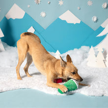 Load image into Gallery viewer, Dog playing with a toy in a snowy landscape with mountains and trees.
