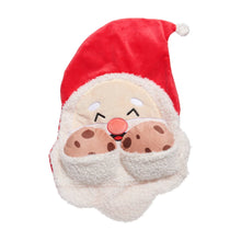 Load image into Gallery viewer, A plush Santa Claus face accessory with a red hat, white fluffy beard, and a smiling face, shown on a plain white background.
