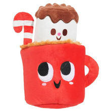 Load image into Gallery viewer, A plush hot cocoa mug toy with a red mug body, brown whipped cream, a white cup, and a red-and-white striped candy cane, shown on a plain white background.
