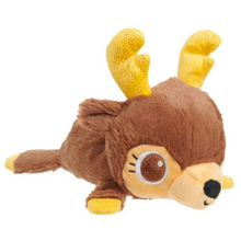 Load image into Gallery viewer, A brown plush toy shaped like a deer or puppy with yellow textured antlers, a cream-colored snout and face, and small yellow hooves, photographed on a plain white background.
