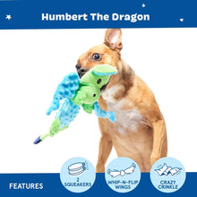 Load image into Gallery viewer, Dog holding a dragon toy with features listed below
