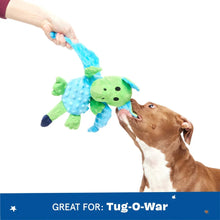 Load image into Gallery viewer, Dog playing with a green and blue toy held by a person, with text 'GREAT FOR: Tug-O-War' at the bottom.
