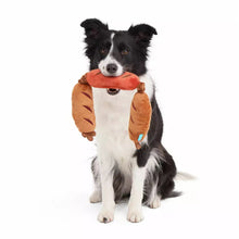 Load image into Gallery viewer, A black and white dog sits on a white studio background holding a plush hot dog toy in its mouth.
