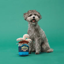 Load image into Gallery viewer, Dog sitting next to a toy labeled 'Can O Worms' on a green background
