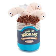 Load image into Gallery viewer, A novelty plush toy shaped like a jar of worms, with three pale pink worm figures emerging from a brown textured opening. The jar has a dark blue label reading 'CAN O WORMS DO NOT OPEN' with a bright blue base, photographed on a clean white background.
