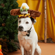 Load image into Gallery viewer, Dog wearing a festive hat with a yellow flower, standing in front of a Christmas tree and orange curtain.
