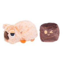Load image into Gallery viewer, Two small plush toys on a plain white background: a fuzzy peach-colored creature with a brown face and orange feet, and a brown cube-shaped plush with a yellow winking face.
