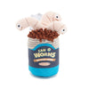 A plush toy shaped like a can of worms, with three beige worms popping out of a brown textured opening. The can has a dark blue label with the text 'CAN O WORMS DO NOT OPEN' and a bright blue base, set against a plain white background.
