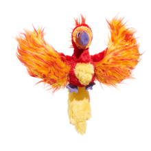 Load image into Gallery viewer, A plush toy bird with bright orange and yellow fluffy wings, a red body, and a purple beak and feet, isolated on a white background.
