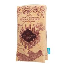 Load image into Gallery viewer, A plush toy pouch shaped like 'The Marauder's Map' from Harry Potter, featuring a beige fabric background with dark brown printed illustrations and text, and a small blue BARK brand tag on the side.
