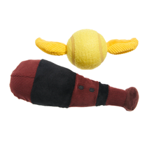 Load image into Gallery viewer, A novelty dog toy shaped like a baseball bat with a yellow tennis ball attached to the handle, shown on a plain white background.
