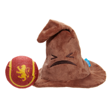 Load image into Gallery viewer, Plush toy resembling a Sorting Hat from Harry Potter with a lion emblem on a white background
