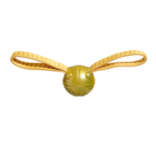 Load image into Gallery viewer, A golden snitch toy with a shiny metallic gold ball body and two looped golden ribbed straps, isolated on a solid white background.
