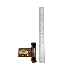 Load image into Gallery viewer, A dog treat stick labeled 'Beef Liver Wonder Bar' shown next to a metal ruler for size reference, on a plain white background.
