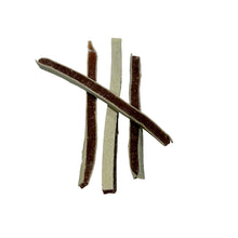 Load image into Gallery viewer, Four Beef &amp; Fish Sandwich Strip Jerky sticks on a light gray surface
