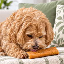 Load image into Gallery viewer, A fluffy golden-brown dog lying on a patterned couch cushion and licking a rolled brown treat, with green pillows in the background.
