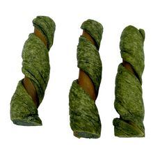 Load image into Gallery viewer, Three green herbal dog chew bones with brown centers, arranged vertically on a plain white background.
