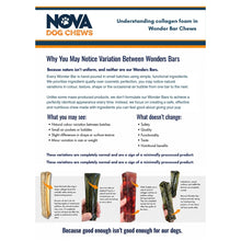 Load image into Gallery viewer, An informational product page for Nova Dog Chews Wonder Bar Chews explaining why owners may notice color or shape variations between bars. The page includes the Nova Dog Chews logo, explanatory text, and several small product photos showing different natural variations of the chew bars.
