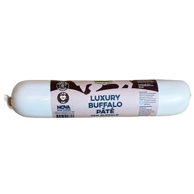 Packaging of Nova Luxury Buffalo Pate, showing a white cylindrical container with branding and product name, against a plain background.